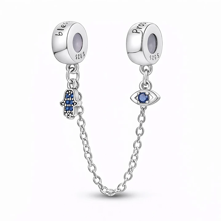 Cadena de seguridad Charm Mano Fatima y Ojo Turco en Plata 925   1