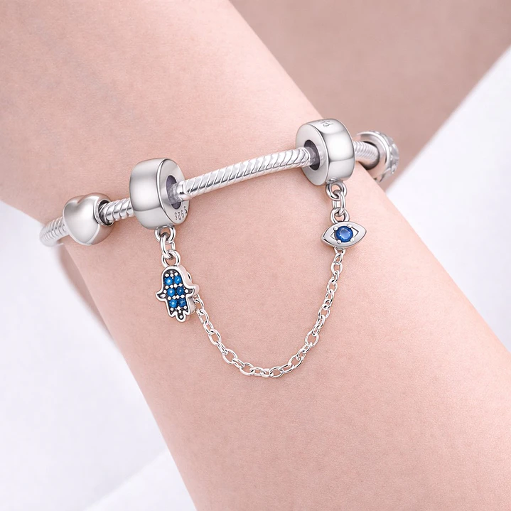 Cadena de seguridad Charm Mano Fatima y Ojo Turco en Plata 925   2