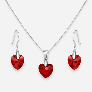 Conjunto Collar y Aros Corazón Cristal Austriaco Plata 925 