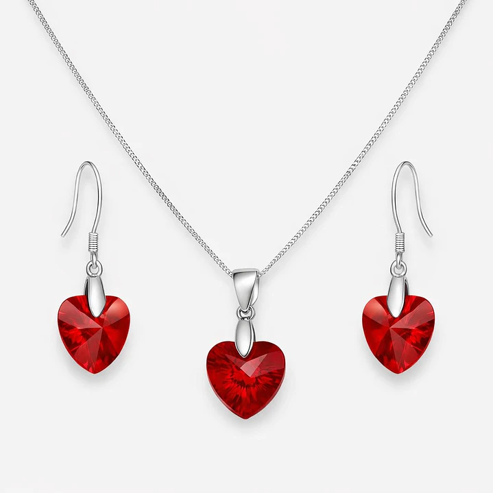 Conjunto Collar y Aros Corazón Cristal Austriaco Rojo Plata 925  1