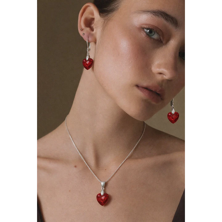 Conjunto Collar y Aros Corazón Cristal Austriaco Rojo Plata 925  3