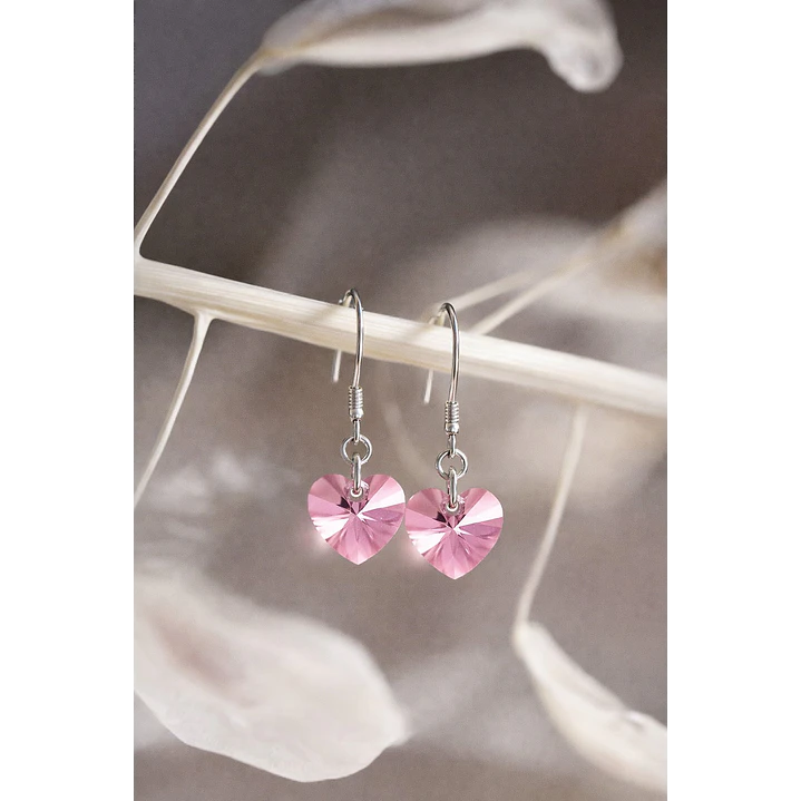 Aros Cristal Austriaco Corazón Rosa Plata Ley 925  3
