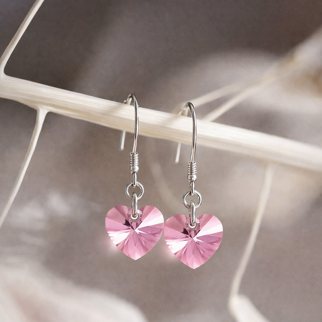 Aros Cristal Austriaco Corazón Rosa Plata Ley 925  3