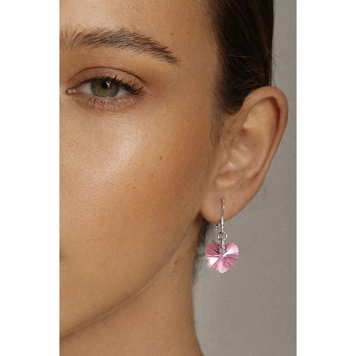 Aros Cristal Austriaco Corazón Rosa Plata Ley 925  2