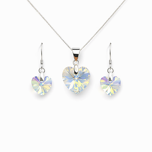 Conjunto Collar y Aros Corazón Cristal Austriaco Aurora Boreal Plata 925 