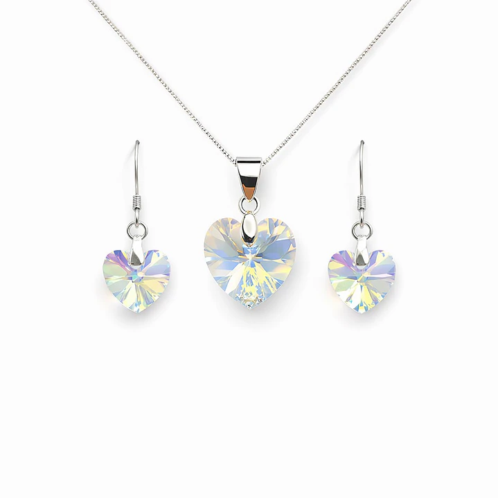 Conjunto Collar y Aros Corazón Cristal Austriaco Aurora Boreal Plata 925  1