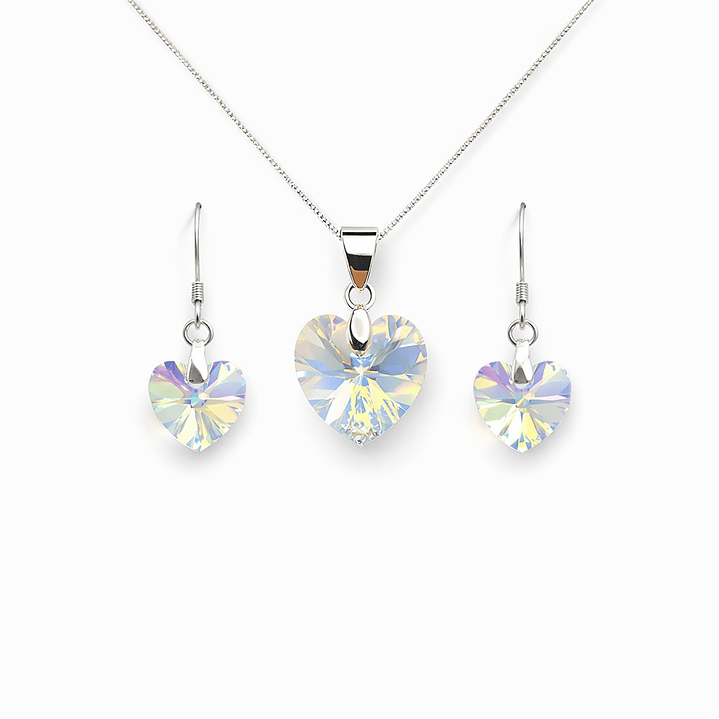 Conjunto Collar y Aros Corazón Cristal Austriaco Aurora Boreal Plata 925  1