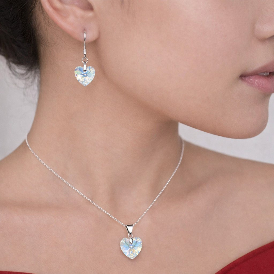 Conjunto Collar y Aros Corazón Cristal Austriaco Aurora Boreal Plata 925  2