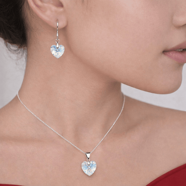 Conjunto Collar y Aros Corazón Cristal Austriaco Aurora Boreal Plata 925  2