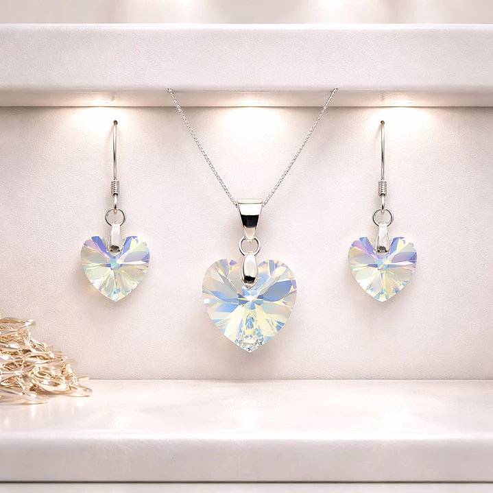 Conjunto Collar y Aros Corazón Cristal Austriaco Aurora Boreal Plata 925  3