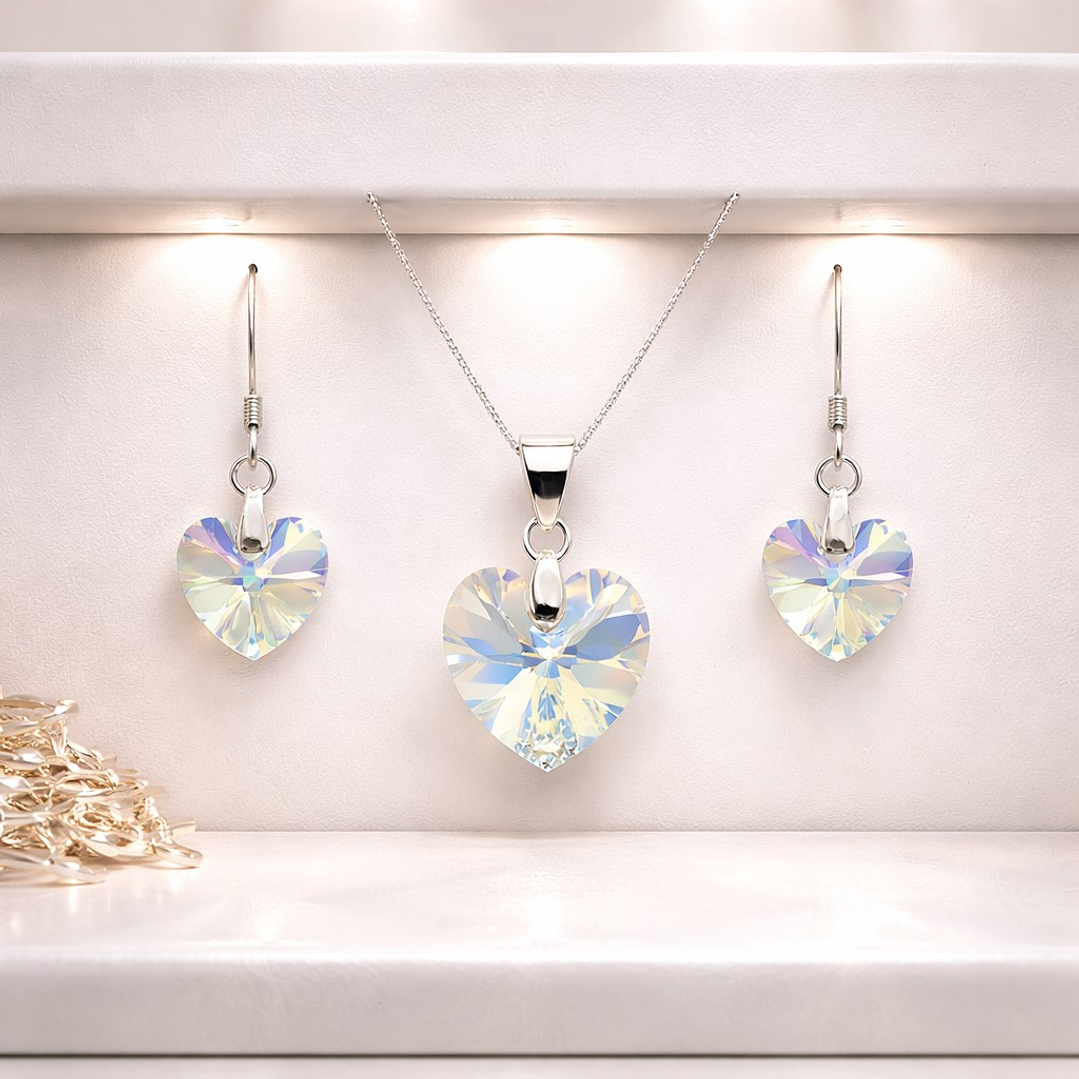 Conjunto Collar y Aros Corazón Cristal Austriaco Aurora Boreal Plata 925  3