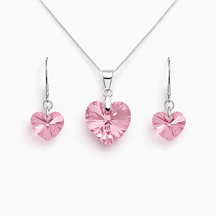 Conjunto Collar y Aros Corazón Cristal Austriaco Rosa Plata 925 