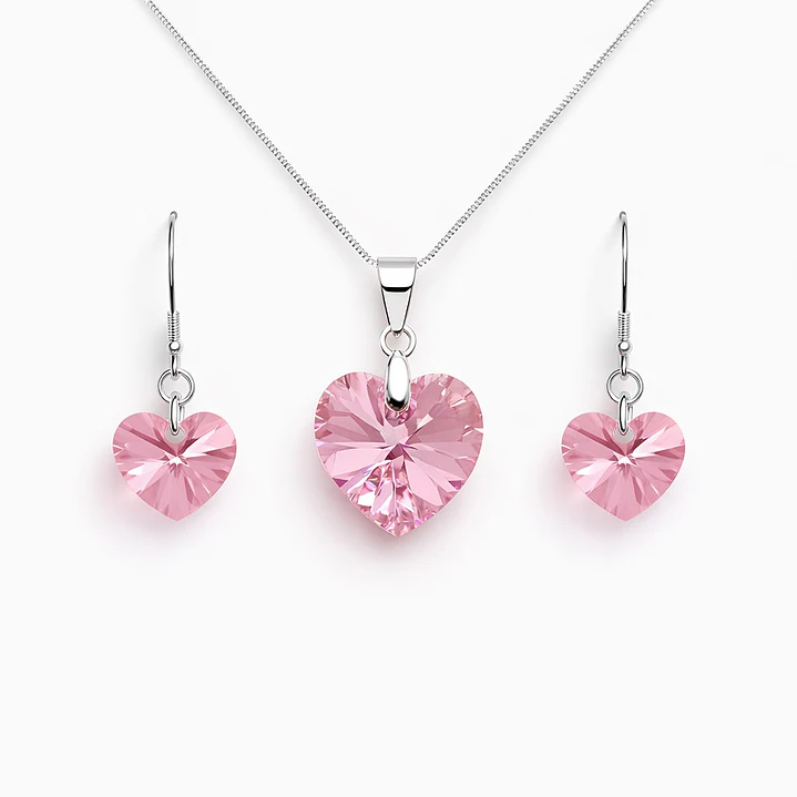 Conjunto Collar y Aros Corazón Cristal Austriaco Rosa Plata 925  1