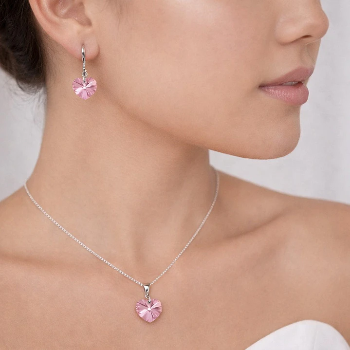 Conjunto Collar y Aros Corazón Cristal Austriaco Rosa Plata 925  2