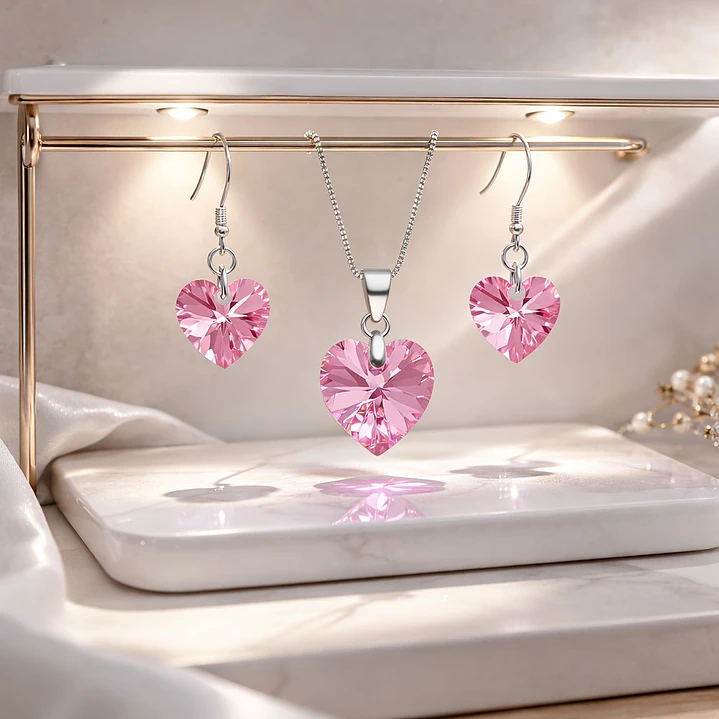 Conjunto Collar y Aros Corazón Cristal Austriaco Rosa Plata 925  3