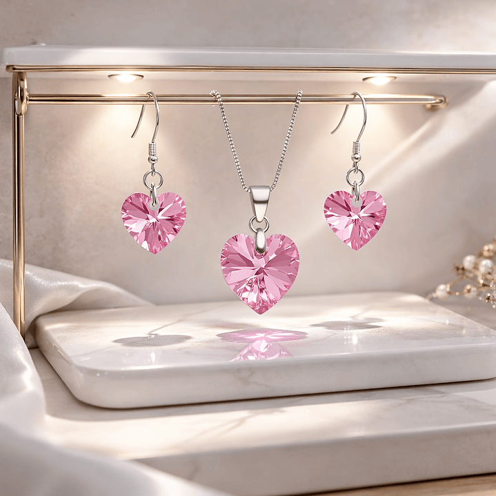 Conjunto Collar y Aros Corazón Cristal Austriaco Rosa Plata 925  3