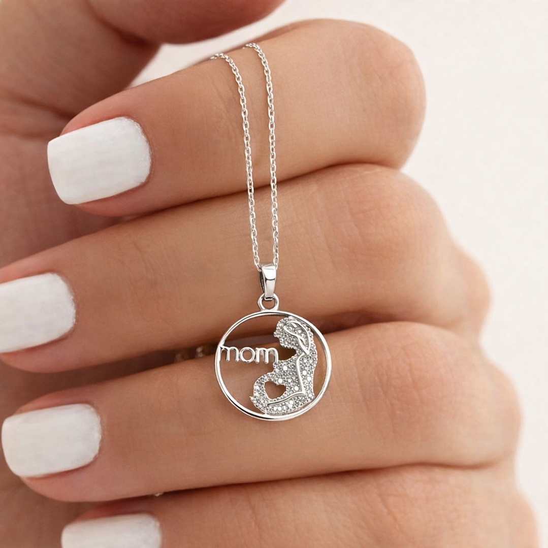 Collar Colgante Mom Circón Elegante Plata Ley 925  2