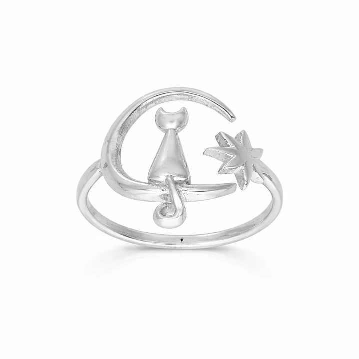 Anillo Gatito en la Luna Ajustable Plata Ley 925    1
