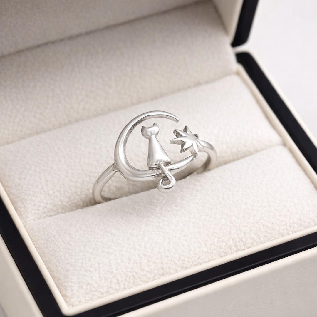 Anillo Gatito en la Luna Ajustable Plata Ley 925    3