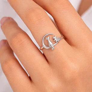 Anillo Gatito en la Luna Ajustable Plata Ley 925   