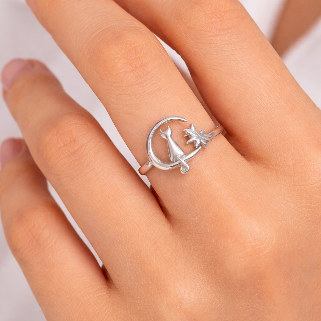 Anillo Gatito en la Luna Ajustable Plata Ley 925    2
