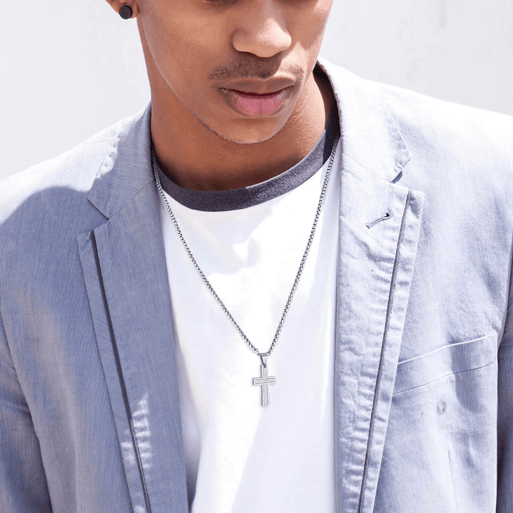 Collar Hombre Cruz Circón Elegante Acero Inoxidable  3