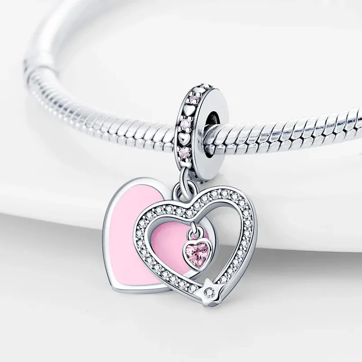 Charm Dije Doble Corazón Rosa Pastel Plata Ley 925  2