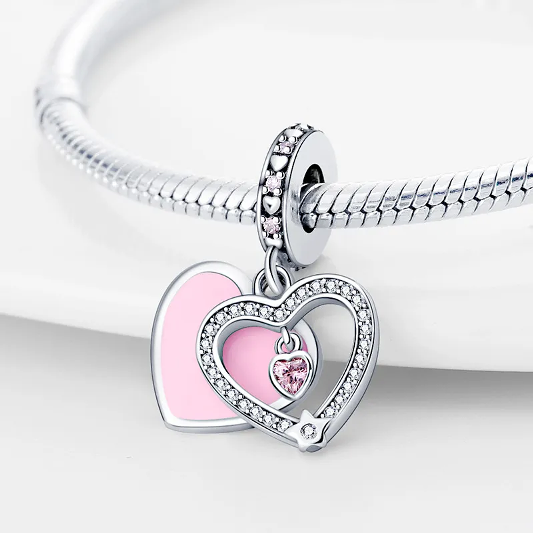 Charm Dije Doble Corazón Rosa Pastel Plata Ley 925  2