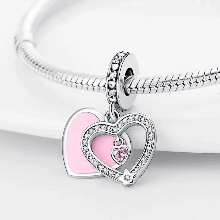 Charm Dije Doble Corazón Rosa Pastel Plata Ley 925  2