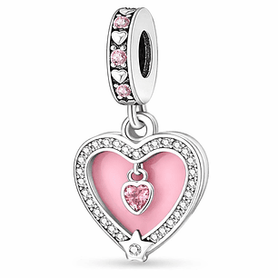 Charm Dije Doble Corazón Rosa Pastel Plata Ley 925 