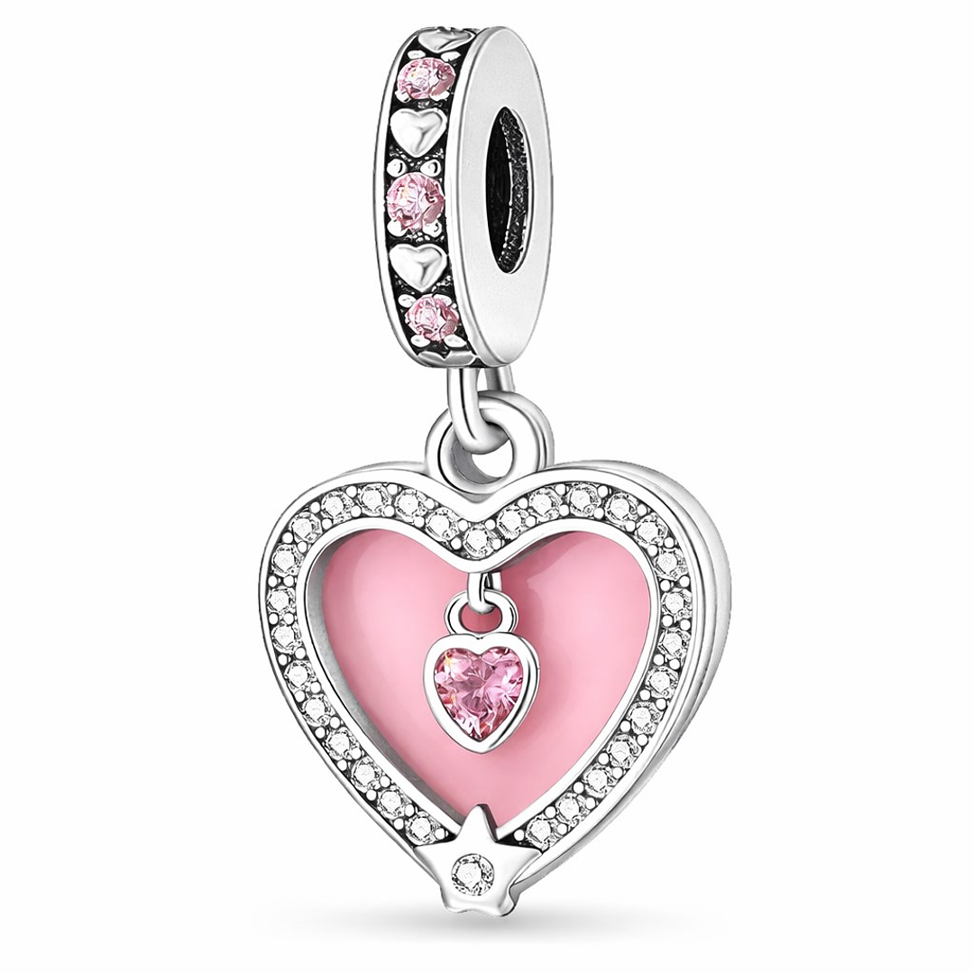 Charm Dije Doble Corazón Rosa Pastel Plata Ley 925  1