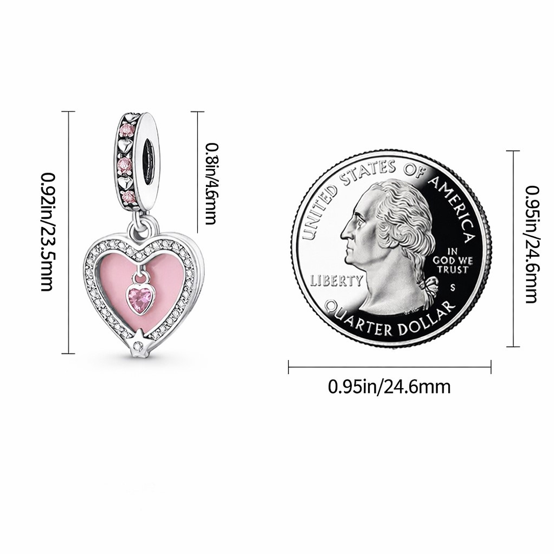 Charm Dije Doble Corazón Rosa Pastel Plata Ley 925  3
