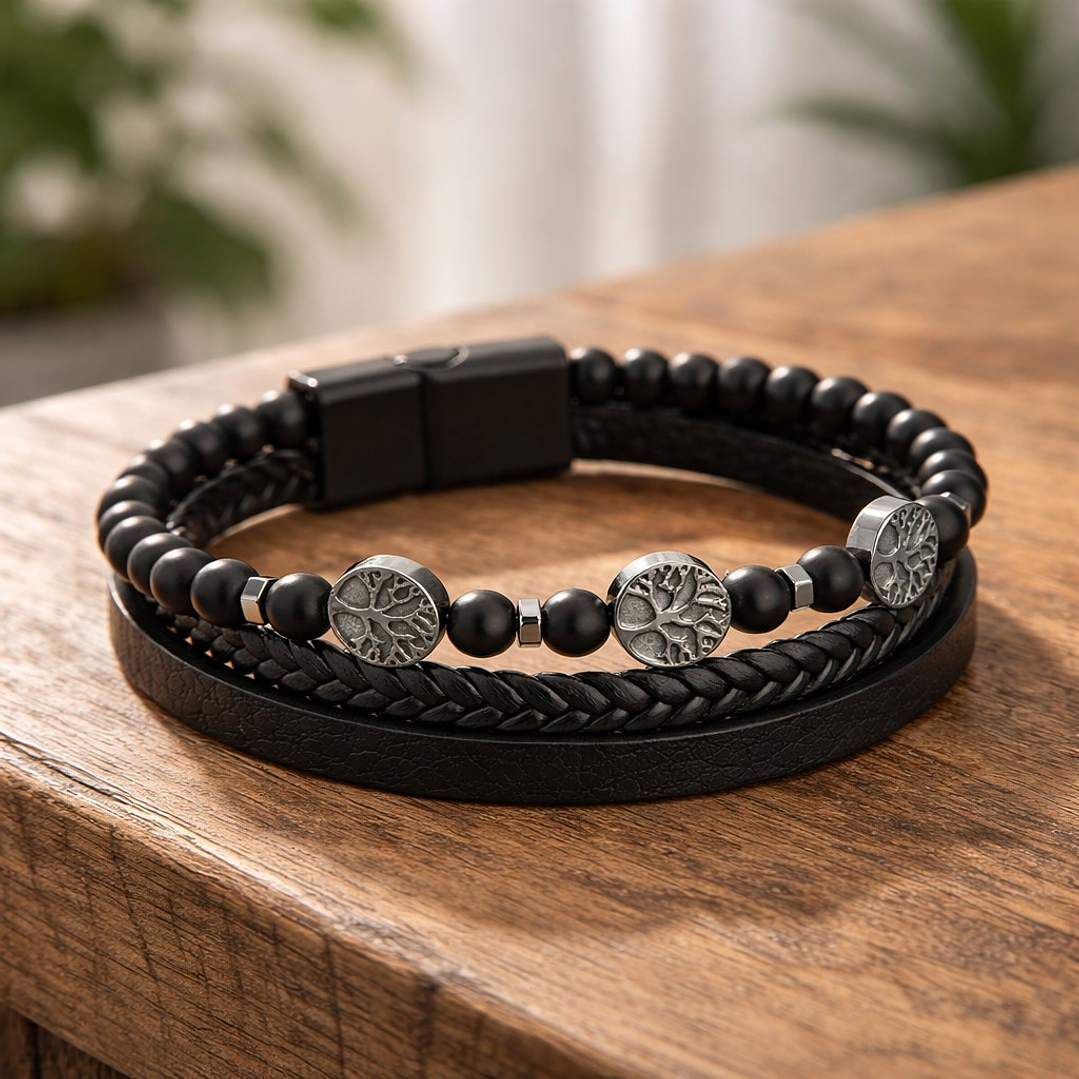 Pulsera Cuero Hombre Árbol de la Vida Moderno 3