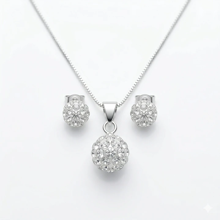 Conjunto Collar y Aros Esfera Strass Plata Ley 925  1