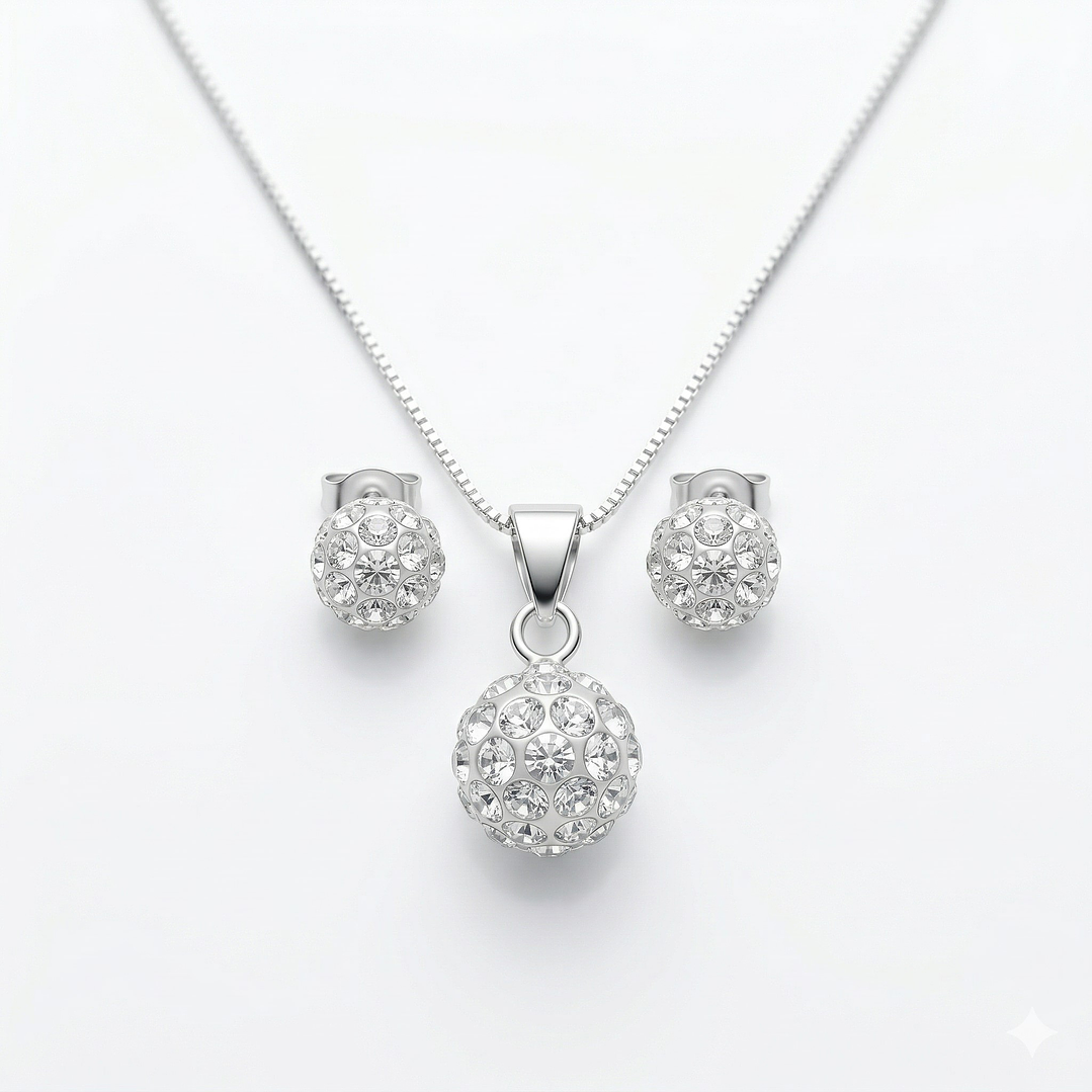 Conjunto Collar y Aros Esfera Strass Plata Ley 925  1