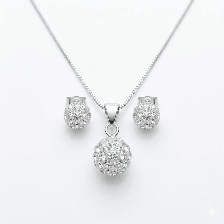 Conjunto Collar y Aros Esfera Strass Plata Ley 925  1
