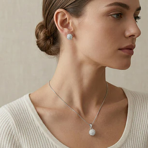 Conjunto Collar y Aros Esfera Strass Plata Ley 925 