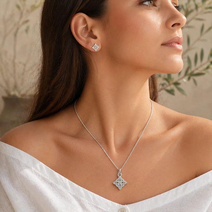 Conjunto Collar y Aros Nudo de Bruja Plata Ley 925  3
