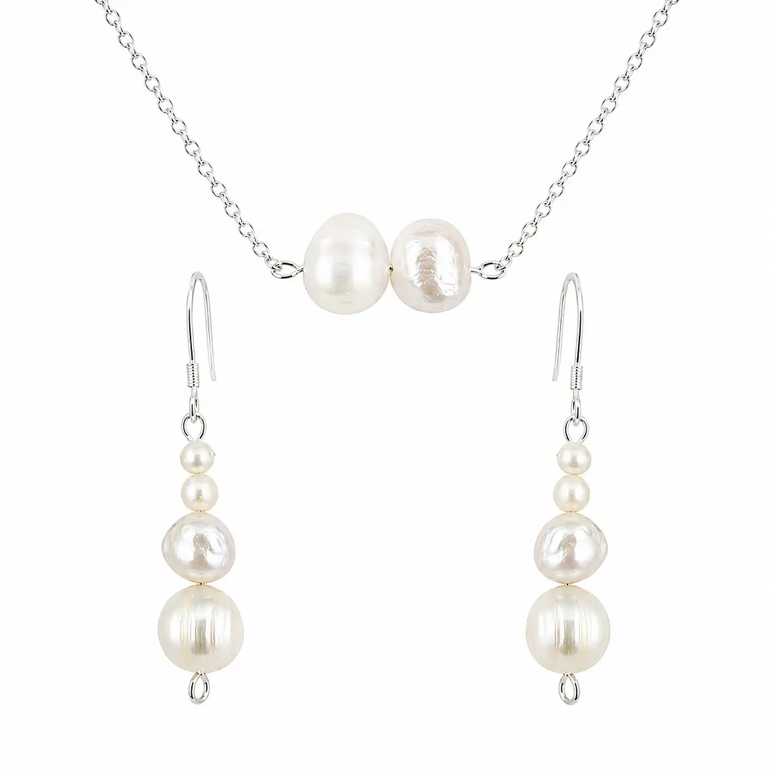 Conjunto Collar y Aros Plata 925 Con Perlas De Rio Naturales  3