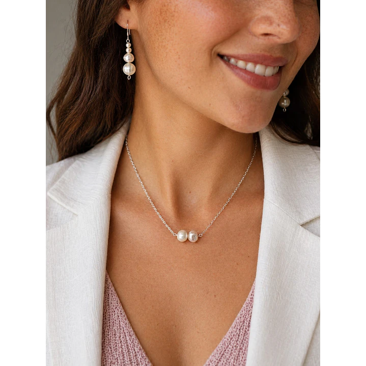 Conjunto Collar y Aros Plata 925 Con Perlas De Rio Naturales  1