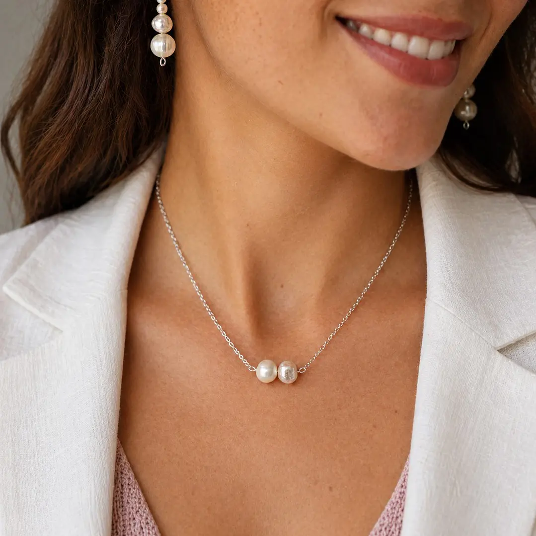 Conjunto Collar y Aros Plata 925 Con Perlas De Rio Naturales  1