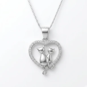 Collar Corazón Pareja Gatitos Circones Plata Ley 925 