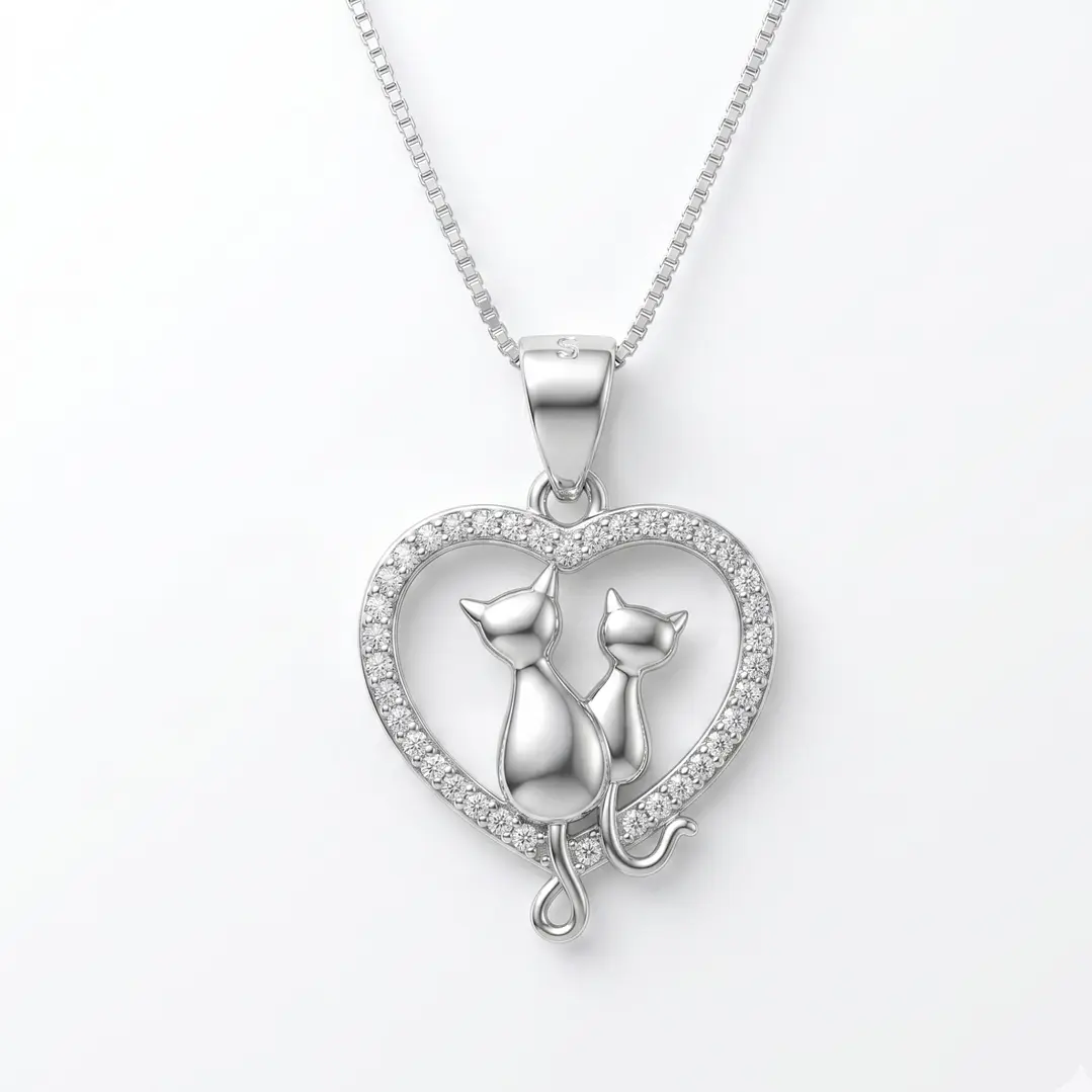 Collar Corazón Pareja Gatitos Circones Plata Ley 925  1