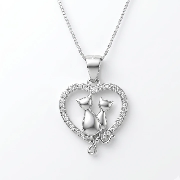 Collar Corazón Pareja Gatitos Circones Plata Ley 925  1