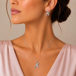 Conjunto Collar y Aros Colibrí Flor Circón Plata Ley 925  