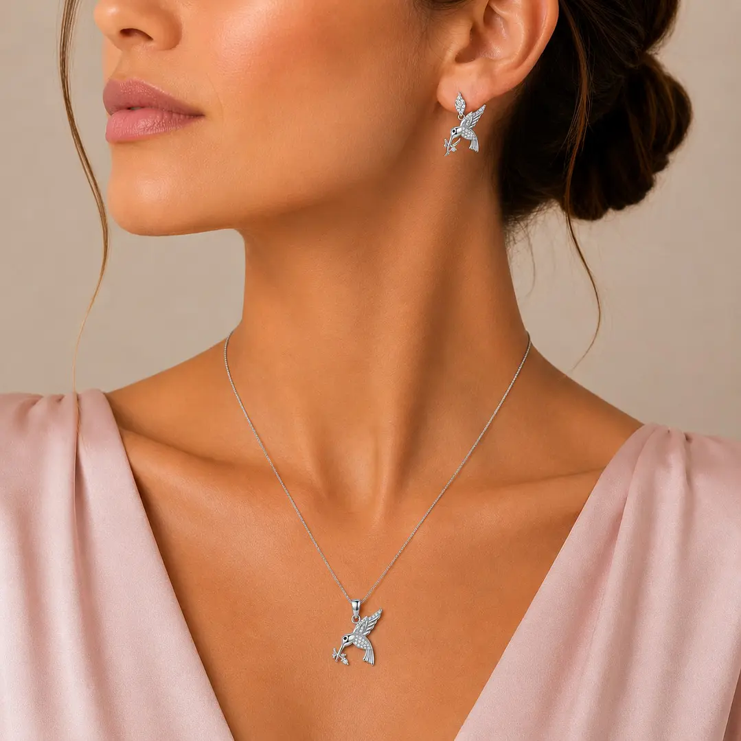 Conjunto Collar y Aros Colibrí Flor Circón Plata Ley 925   2