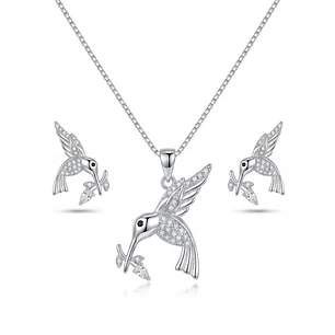 Conjunto Collar y Aros Colibrí Flor Circón Plata Ley 925  