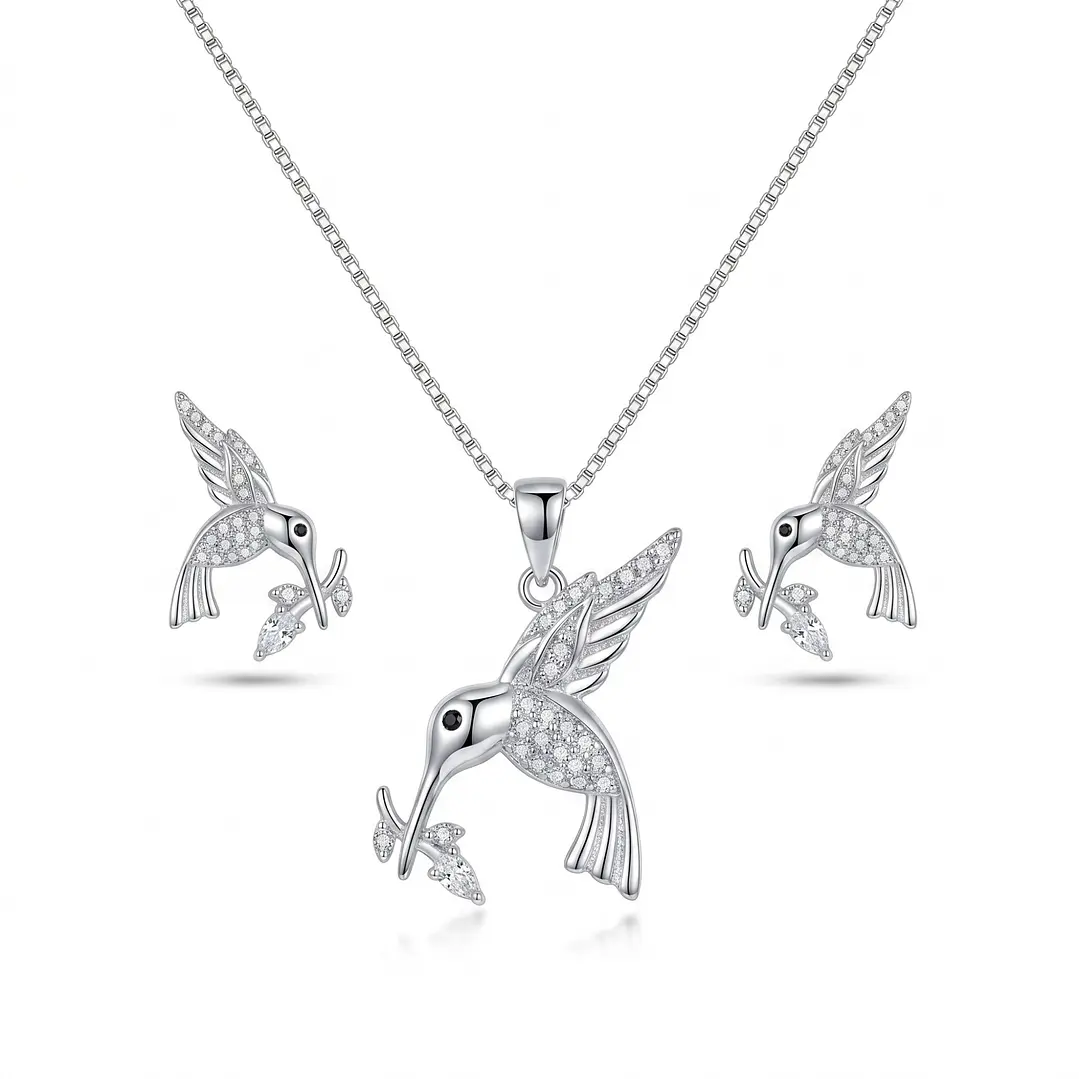 Conjunto Collar y Aros Colibrí Flor Circón Plata Ley 925   1