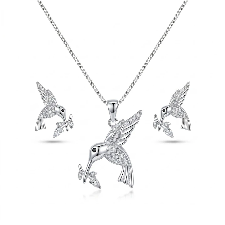 Conjunto Collar y Aros Colibrí Flor Circón Plata Ley 925   1