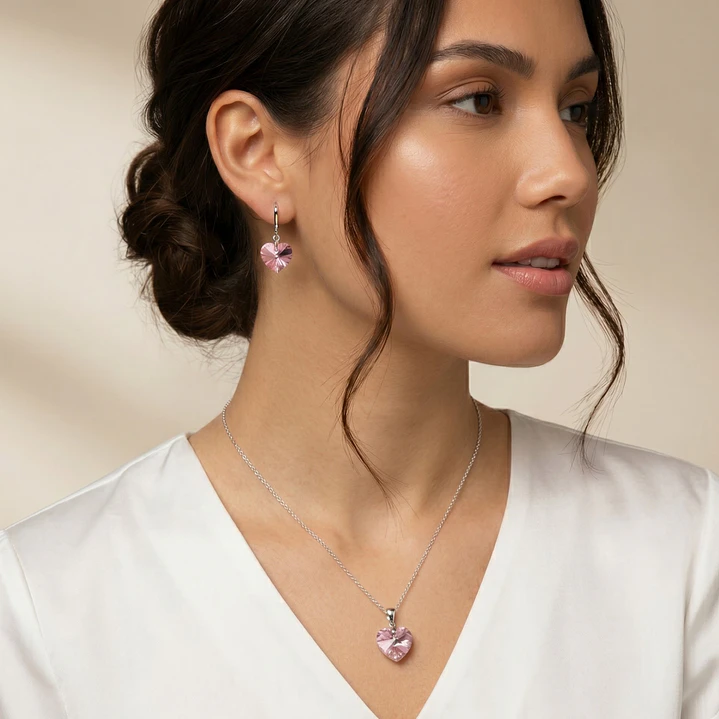 Conjunto Collar y Aros Corazón Cristal Austriaco Rosa Plata 925  4
